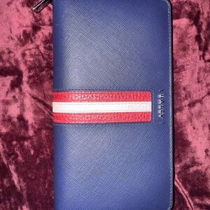 Bally Navy Wallet with Crimson and Ivory Stripe